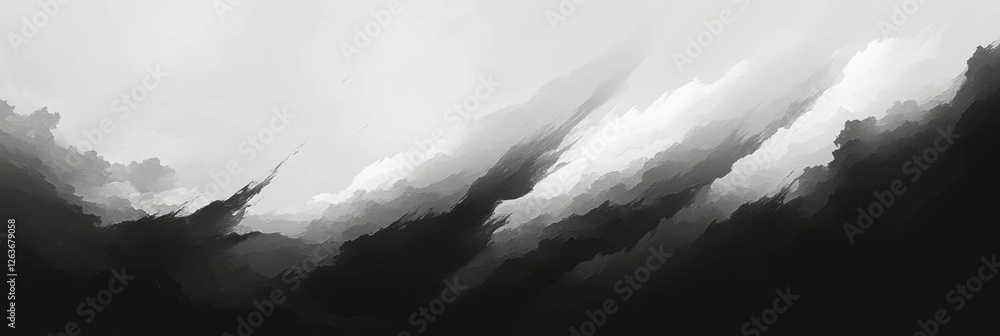 Poster mottled black and white texture with overlapping areas and dark shadows in chaotic design
