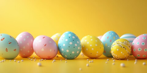 Colorful decorated eggs arranged on a bright yellow background for a festive spring celebration
