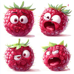 Whimsical Cartoon Raspberry Characters with Expressive Faces and Playful Emotions