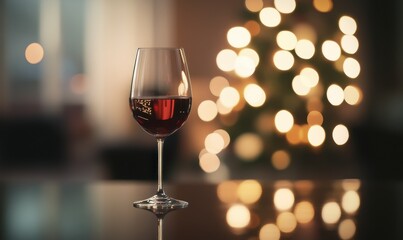 Glass of sparkling wine placed on a reflective surface, with festive bokeh lights in the background creating a celebratory mood.