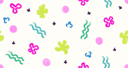 Abstract minimal seamless pattern in crayon drawing style. Chalk painted doodle shapes on white backdrop. Vector illustration