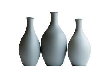  Three matte ceramic vases with elegant curves, minimalist design, soft gray color, home decor, isolated on transparent background.