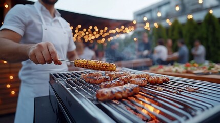 Man grilling sausages, corn at rooftop party