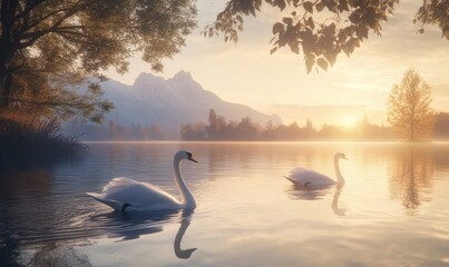 Fototapeta premium Pair of swans gliding gracefully across a serene lake at sunrise, surrounded by soft reflections and natural beauty