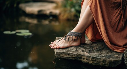Elegant foot adorned with a beautiful anklet, resting on a stone by the water