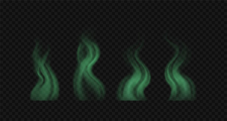 Realistic green toxic wavy smoke clouds. Set of vector illustration. Bad smelling steam, haze isolated on black transparent background © Picture Store