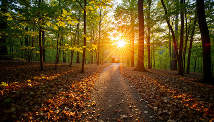 Fototapeta premium Sunrise illuminating deserted forest path, tranquility in nature