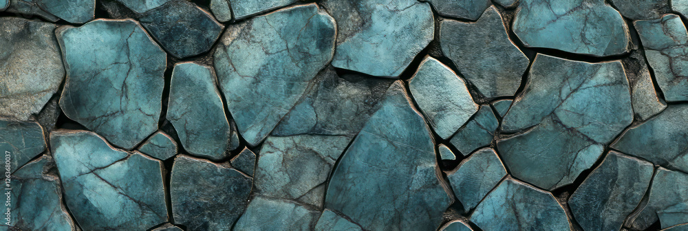 Poster mottled blue and gray texture with irregular patches and dark shadows creating a striking appearance