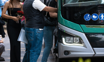 People Using Public Transportation: Bus Travel Scene