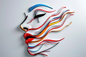 An abstract female face art piece featuring swirling colorful lines and bold lips, creating a vibrant and modern aesthetic. Bold Beauty Fusion, Creative Face Vibes