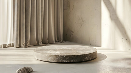 Minimalist interior featuring a circular stone platform, soft curtains, and natural light casting shadows