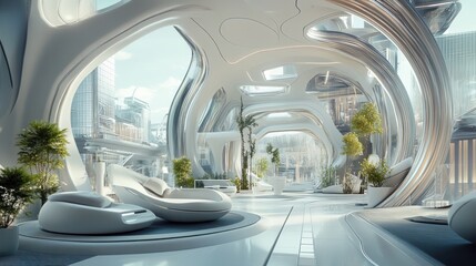 Fototapeta premium Futuristic Biophilic Interior Design: A Glimpse into Tomorrow's Architecture