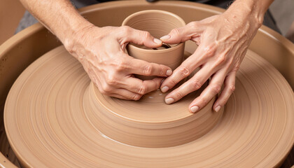 Focused hands molding clay on potter's wheel, creative artistry
