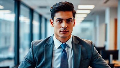 Fototapeta premium Smart businessman in a blue suit standing confidently in a professional workspace