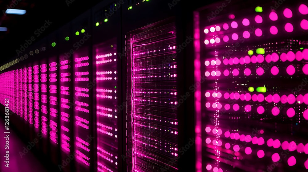 Poster stunning abstract image of glowing pink server racks in a data center.
