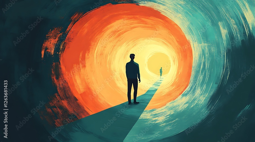 Poster two figures stand on a path leading to a bright light at the end of a swirling tunnel of warm and co