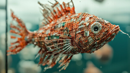 Unique sculpture of a fish made from recycled materials in an aquarium exhibit showcasing environmental art