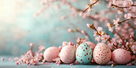Obraz premium Colorful speckled eggs arranged among cherry blossom branches in a springtime setting