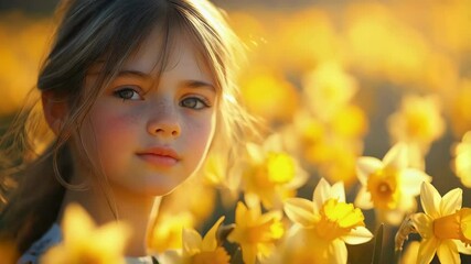 Child's joyful interaction amidst blooming daffodils in golden sunset light