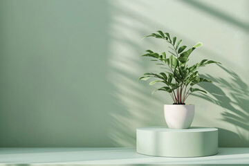 Indoor scene featuring a potted plant on a circular pedestal against a soft green wall, with shadows