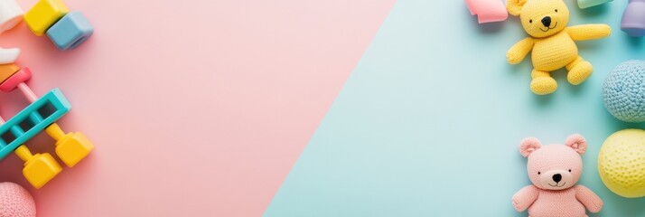 Obraz premium Colorful toys arranged on a pastel background ideal for childrens playtime and creative activities. Generative AI