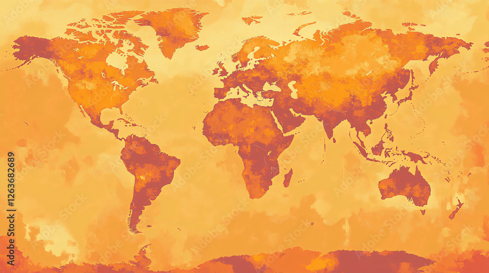 Poster a watercolor world map with warm orange and yellow hues on a light textured background creating an a