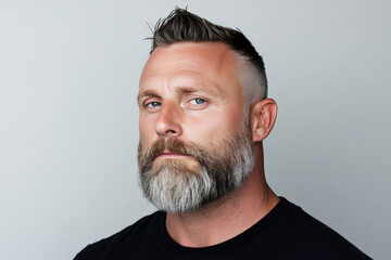 Portrait of a Confident Man with Stylish Haircut and Impressive Beard, Displaying a Serious Expression Against a Neutral Background