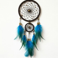 Dreamcatcher with Blue Feathers and Golden Beads