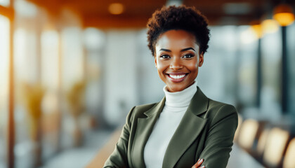 Fototapeta premium Smiling African businesswoman with curly hair in a professional office environment