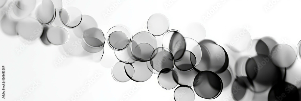 Poster mottled grayscale texture with scattered circles showcases varied transparency and depth