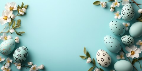Decorative Easter eggs arranged with blossoms on a light blue background for spring celebrations and themed events