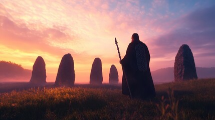 A cloaked druid with a staff walks through ancient standing stones at dawn, surrounded by mist and mystery