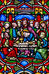 La Cène, Stained glass (19th century) of Last supper of Jesus-Christ. .