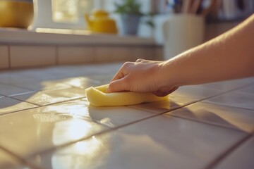 A person carefully removing grout haze from freshly laid tiles