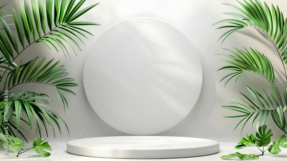 Poster Minimalist display with a circular pedestal surrounded by lush greenery in a bright setting