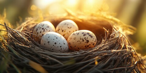 Nest containing four speckled eggs illuminated by warm sunlight in a tranquil natural setting at dawn