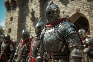 A group of medieval knights in full armor standing in the castle courtyard, preparing for battle