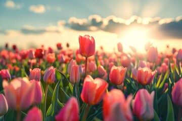 Amazing white tulip flowers blooming in a tulip field, against the background of blurry tulip flowers in the sunset light. Neural network ai generated