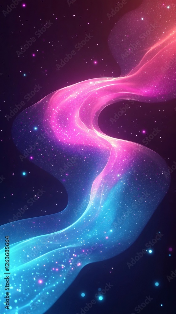 Poster wavy abstract background with flowing particles and bright vibrant colors creating a digital nebula