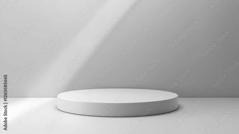 Poster Minimalist studio setting featuring a circular display pedestal with soft lighting