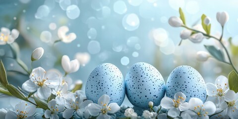 Fototapeta premium Blue speckled eggs surrounded by white flowers in a serene spring setting celebrating Easter traditions