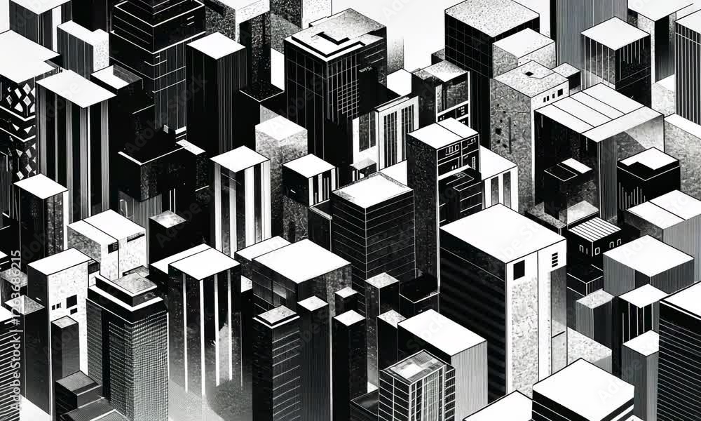Poster a black and white geometric cityscape composed of interlocking cubes and squares, creating a stark, 
