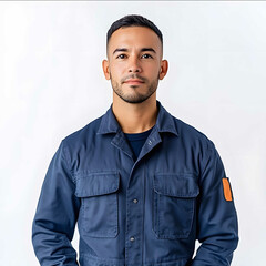 A male employee of a company standing straight and facing forward wearing a professional work uniform for air conditioning installation He is not doing any work