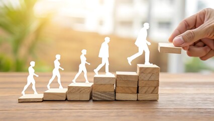 Ascending the Ladder of Success:  A symbolic representation of career growth and advancement, with paper cutouts of individuals ascending wooden steps toward a brighter future.