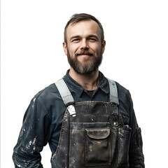 Create a realistic photo of a pinter im Mitte 30 in Arbeitskleidung Lachelt sympathisch und wirkt zufrieden mit seiner Arbeit Er steht vor einem weissen Hintergru