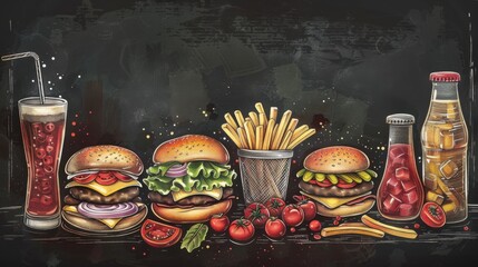 Chalkboard banner with doodles of assorted desserts like cakes, cupcakes, and cookies. Perfect for a bakery. Vector food chalk