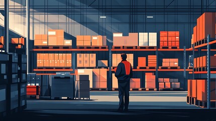 Worker in large warehouse checking inventory.