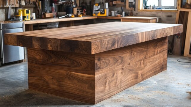 Skilled carpenter builds a unique kitchen island in a workshop, skillfully using various woodworking tools and high-quality materials to create a functional piece.