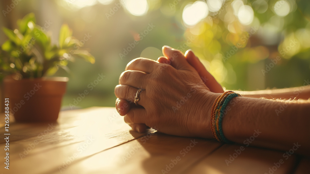 Poster hands clasped together on rustic table symbolizing trust and support