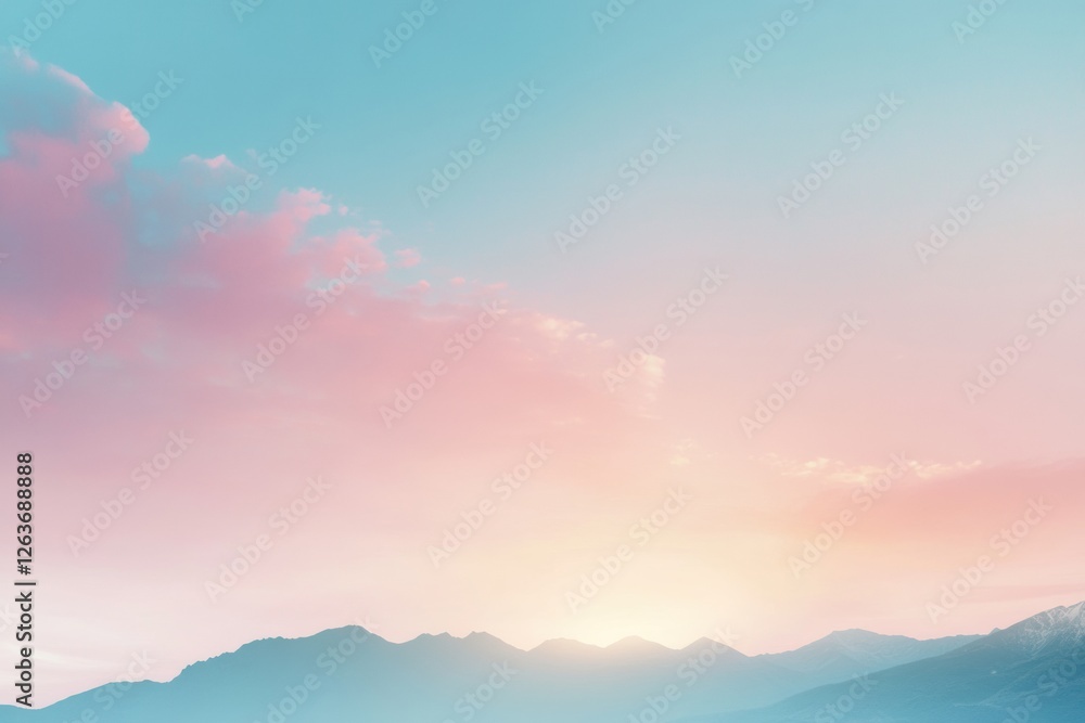 Poster sunrise over distant mountains with soft pastel colors illuminating the sky. generative ai